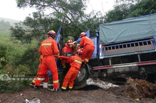 雨天路滑小货车撞树 金秀消防紧急救援被困人员