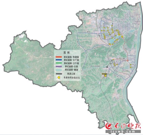 ↓湖南湘江新区“100平方公里城市范围的开放道路”项目示意图。